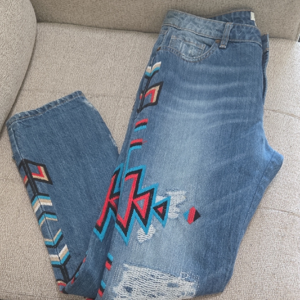 Vintage Blue Jeans with Colorful Embroidery